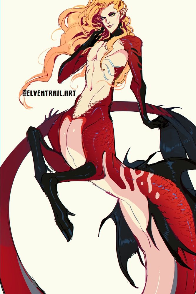 #elventrail #mermay | hippocampus merman mer red scaled black fins long blond hair, elf ears