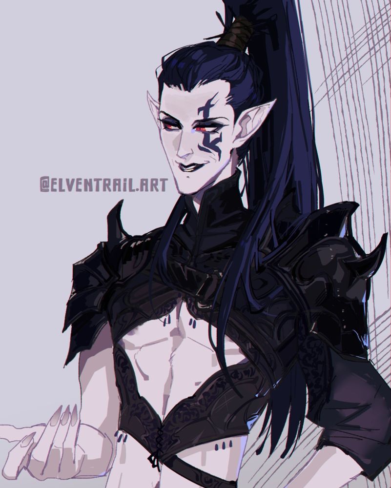 #elventrail sezherael, nhera OC, a dark elf eldar drukhari draihari druchii long black hair leather gear, armor, warpaint