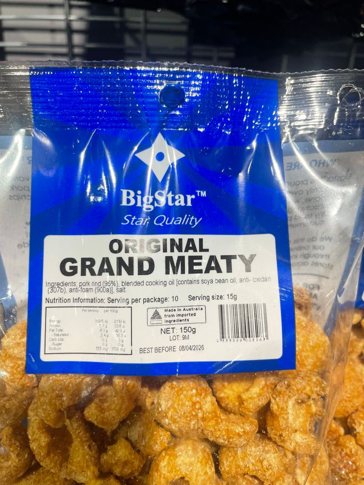 A pack of “ORIGINAL GRAND MEATY” flavoured snacks 