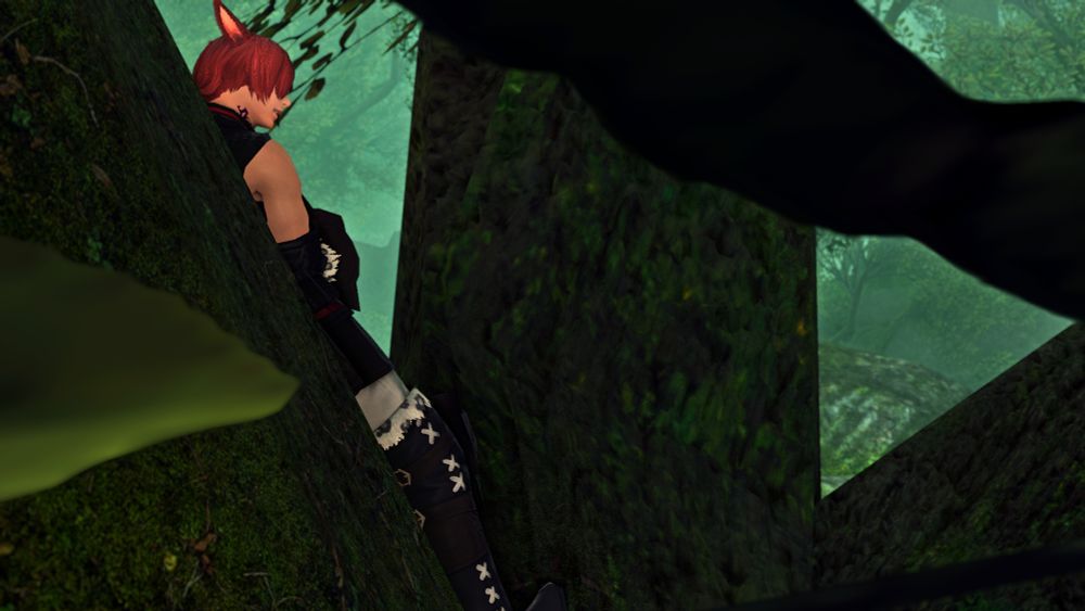 The cover page of the visual novel. G'raha Tia, in A Realm Reborn, reclines in a massive tree, leaning against its large limbs with his head turned toward the viewer. 