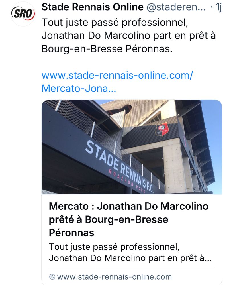 Capture d’écran du site Stade Rennais online annonçant le prêt du jeune Do Marcolino à Bourg-en-Bresse Péronnas pour la saison 2025/2026.