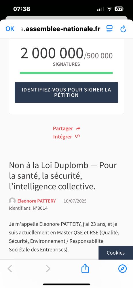 Capture d’écran du site de l’Assemblée Nationale avec les 2 millions de signatures contre la loi Duplomb. 