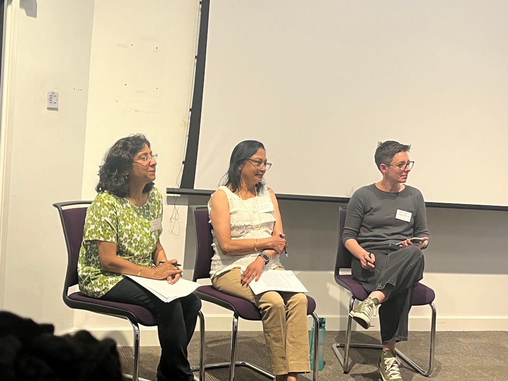 Ambreen Hai and Gaura Narayan answer questions from the audience. Zalfa Feghali chairs.