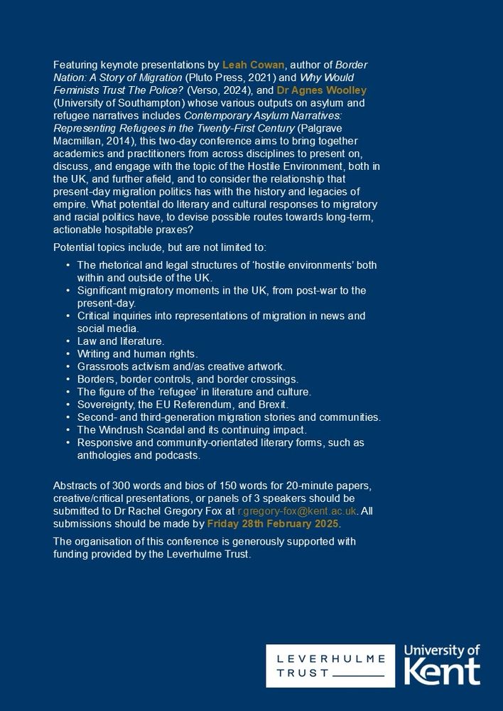 Part 2 of CFP/poster for ‘Hostile Environments and Hospitable Praxes’. Find full details of CFP here: https://blogs.kent.ac.uk/hostileenvironments-hospitablepraxes/# 