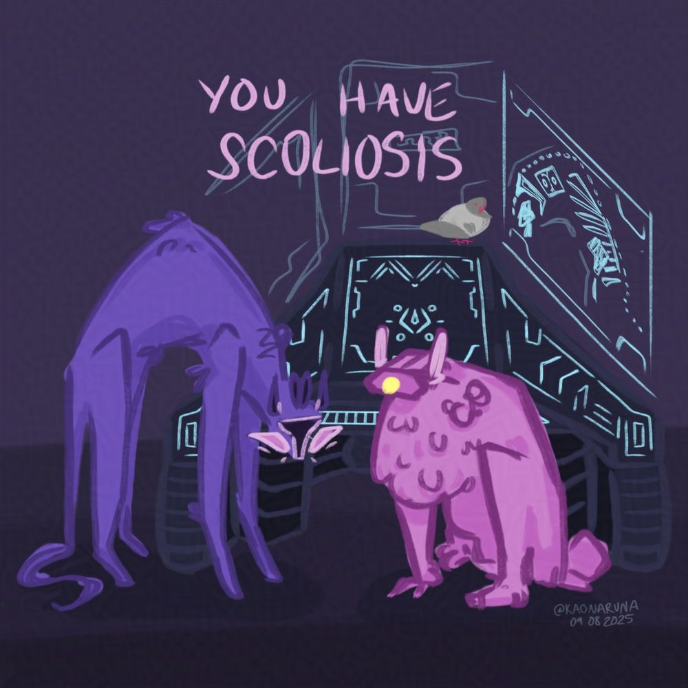 A brightly coloured digital drawing. Two highly stilised cat-like forms are in front of a large futuristic computer-like structure. The "cat" (Soundwave) on the left stands with a tall, arched back. The cat on the right (Shockwave) sits on the righthand side, and is missing the left foreleg. A grey and red pigeon (Laserbeak) sits on the computer in the back. A holographic display behind Shockwave displays a stylized version of an X-ray displaying Soundwave's interior, including the outline of cassette tape. Large pink text (Shockwave's voice) reads, "You have scoliosis".