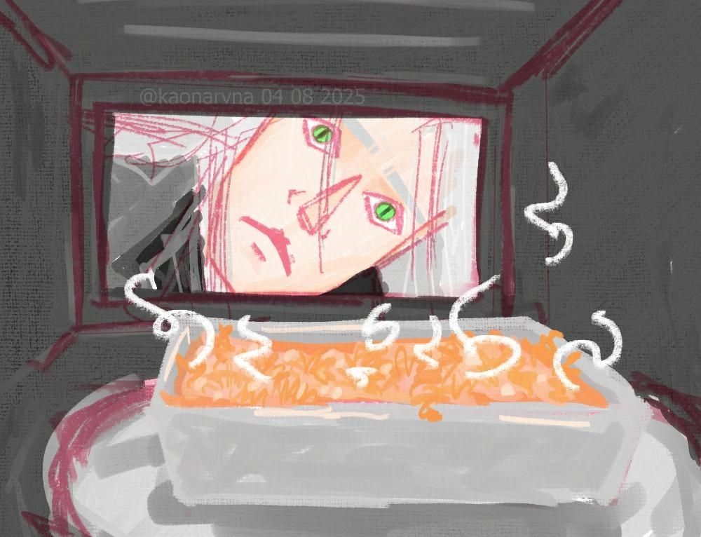 Sephiroth's face (pale skin, green cat-like eyes, long grey hair framing his face) can be seen peering into a microwave and observing the contents inside. A dish of orange pasta rotates on the glass plate inside. The art is made digitally with chunky brush strokes and highly saturated colours.