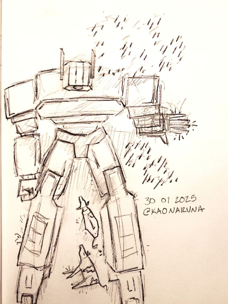 A graphite and pen sketch. Shockwave (transformers) sits with his legs flat, outdoors. One cow stands between his legs, another lays flat on the ground. It's cosy. 