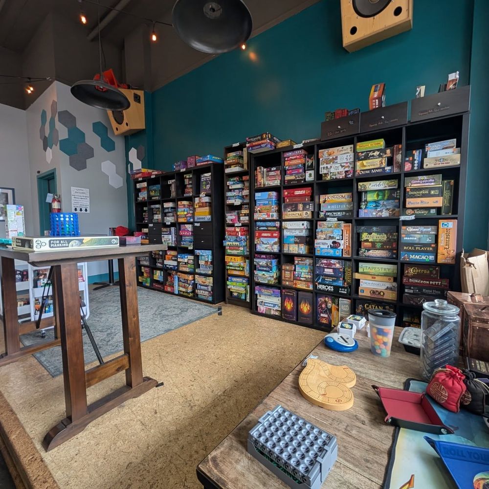A shelf of board games.