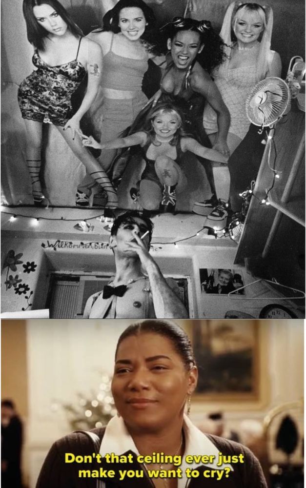 the image from the original poster, edited to add a still of queen latifah from “the last holiday” where she says “don’t that ceiling ever just make you want to cry?”