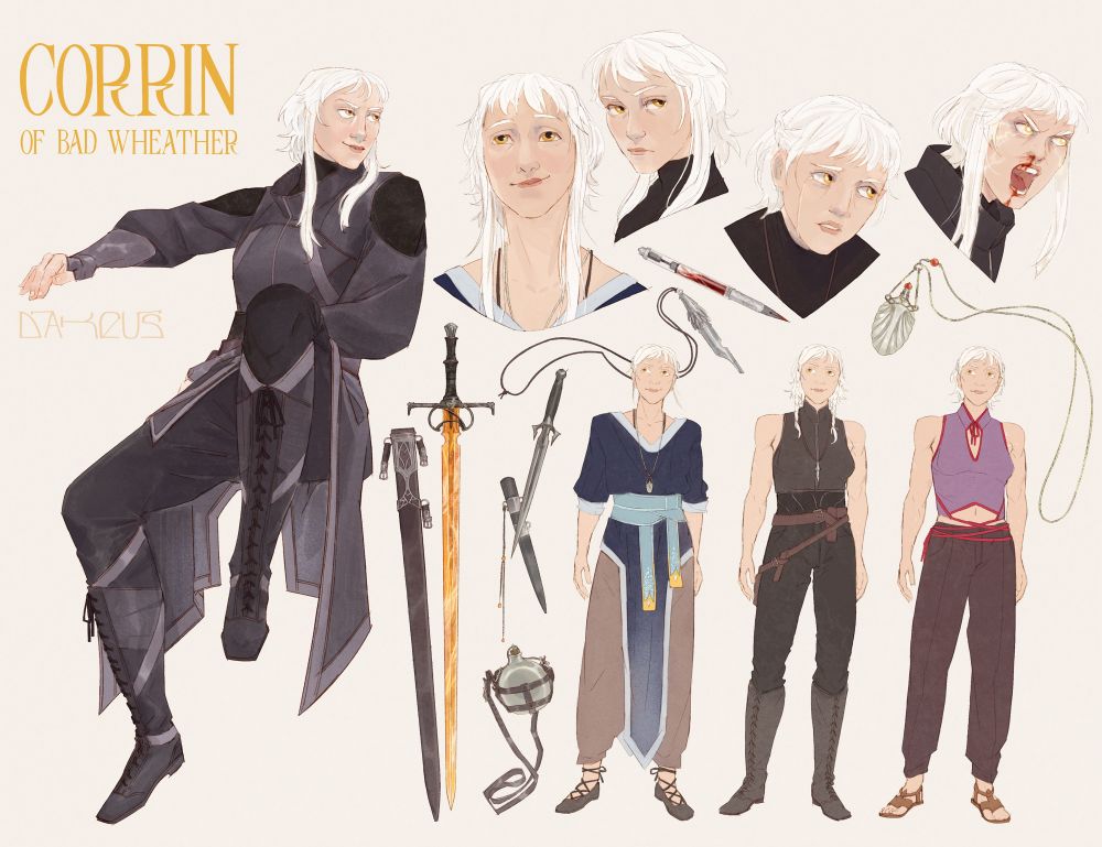 Reference sheet of my oc Corrin of Bad Weather. She has white hair, pale-ish skin and gold eyes. She is pictured in a full body illustration, four expression studies and three outfit designs. There are her items around her: her amber sword with its sheath, a dagger, a flask, a whistle, a fountain pen with blood inside and a perfume pendant.