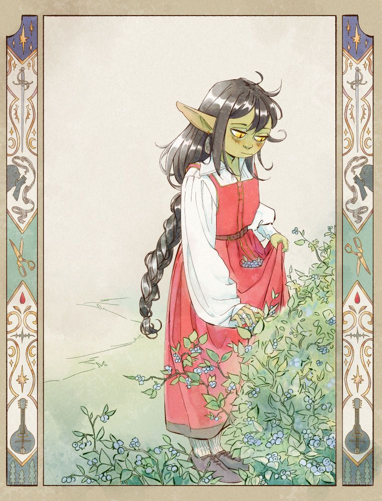 Illustration of a goblin girl picking up blueberries. She's wearing a red dress over a white shirt with puffy sleeves, her eyes are yellow and her hair is black and kept in a long braid. 