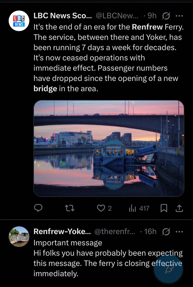 Screenshot of LBC post about Renfrew bridge and ferry using photo of Renfrew Ferry venue moored next to Glasgow’s Kingston Bridge (opened 1970). Actual Renfrew ferry is shown in post below.