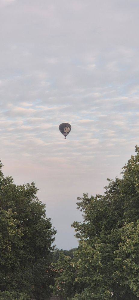 A hot air balloon in the cloudy sky. Below it are some green trees