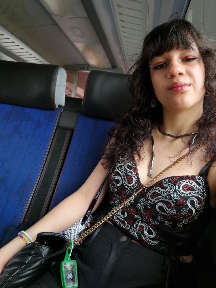 Girl with brunette hair and bangs, dressed ready to go to the eras tour sitting in a train. Wearing a top with a snake pattern, black shorts, snake necklace, black bag, friendship bracelets