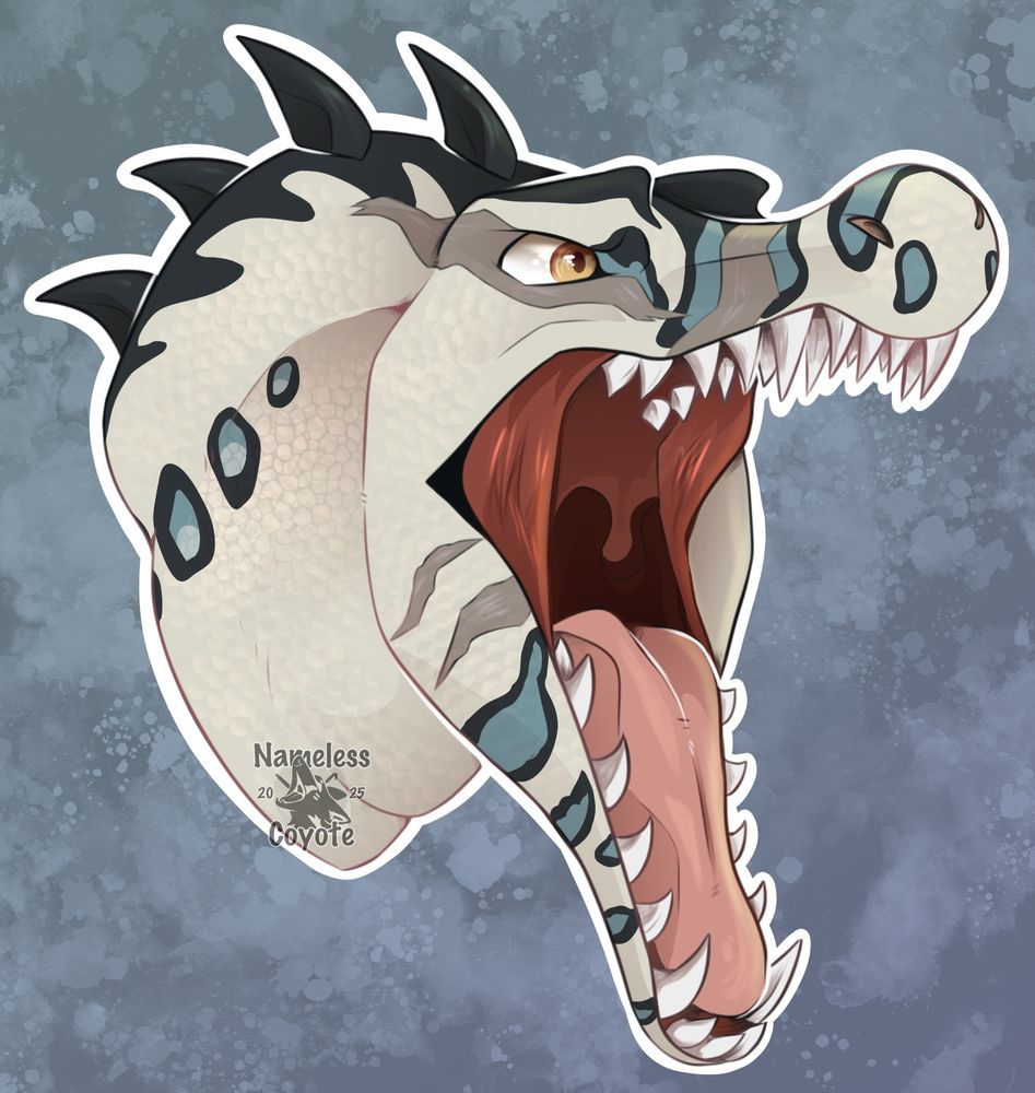 A headshot drawing of a spinosaurus with mouth wide open like he is screaming / roaring angrily 