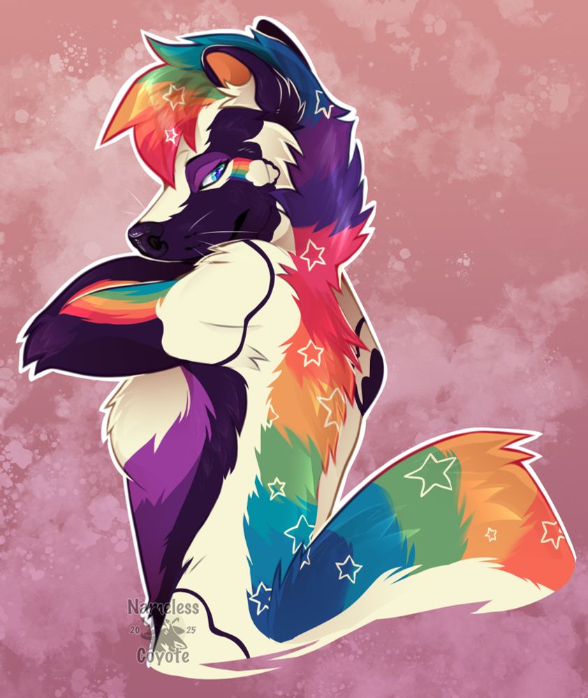 A half body drawing of a anthro skunk character. We see em slightly from behind and they are looking back on us with a seductive expression. Hand is held up under the chin. 
Their back stripe is rainbow colored with star markings. Chest and snoot are several shades of purple. Main color is cream.