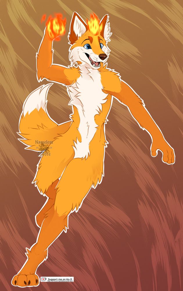 A drawing of an anthro fox character. Pretty standard fox design. He is running and got a flame above his head as well as a flame in his raised hand like he is about to throw it. 