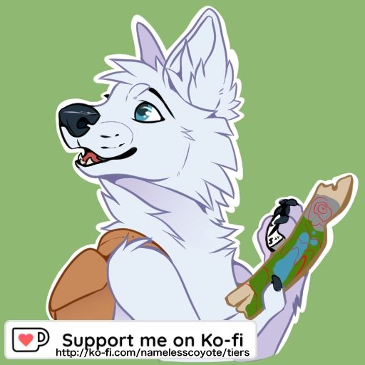 A white anthro wolf, looking behind him, holding a map and compass. Wearing a brown backpack 