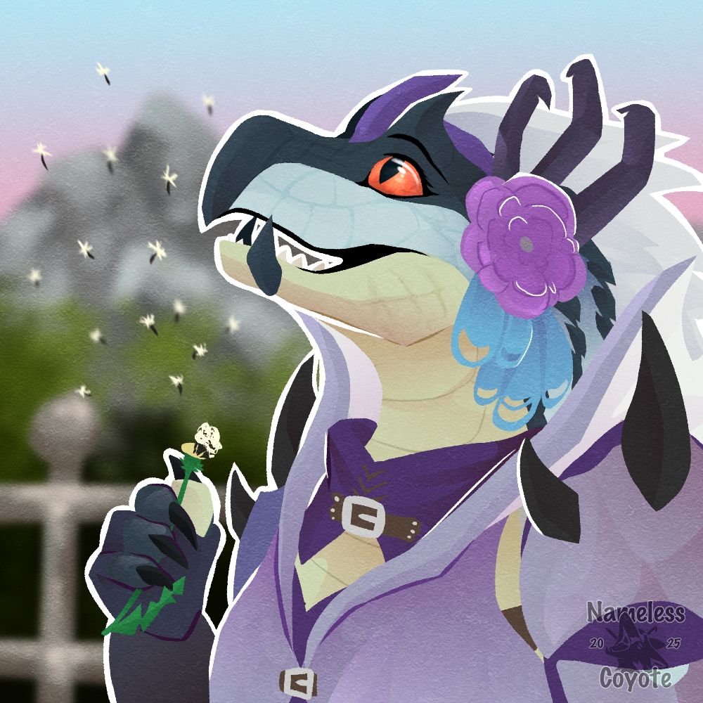 A lineless drawing of a anthro tobi kadachi, a snake monster from monster hunter (Capcom), wearing purple armor. Holding a dandelion and watching the seeds be carried away by the wind. 