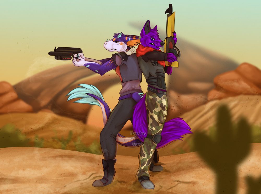 A full body drawing of a angel dragon character and purple fox character standing back to back (both anthro), both holding guns (based of a game) like they are surrounded. Angel dragon is looking kinda grumpy but the fox is looking more aggressive with a snarly expression. The background is a dessert vibe. With sand hills and big rocks in the very back. Some dry looking foliage is also in the background. 