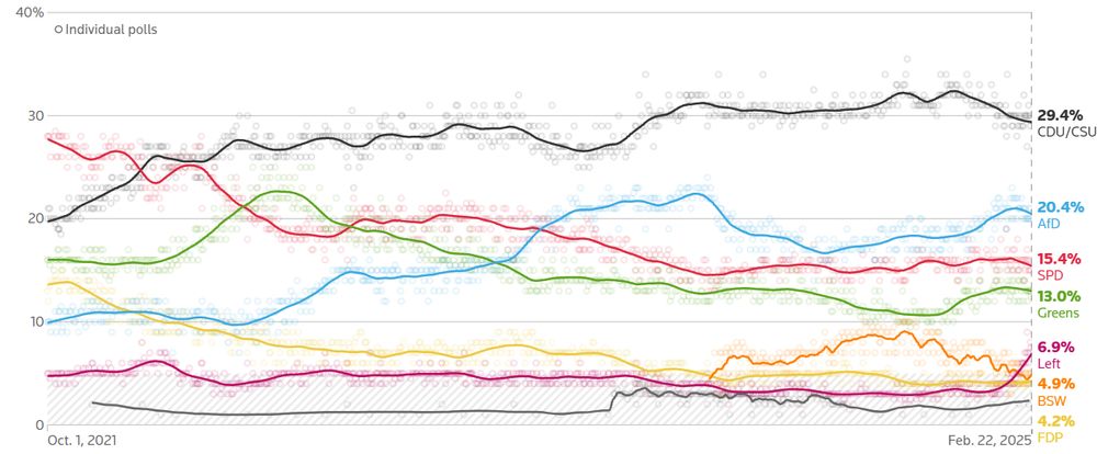 Screenshot of Reuters poling tracker as of 2/22/25 showing CDU/CSU in the lead (29%), followed by AfD (20%), SPD (15%), Greens (13%), Left (7%), BSW (5%), and FDP (4%)