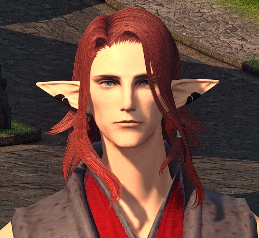 Velaneth with the loose hair he had up through 5.3 and garnet earrings like he wore at the time.