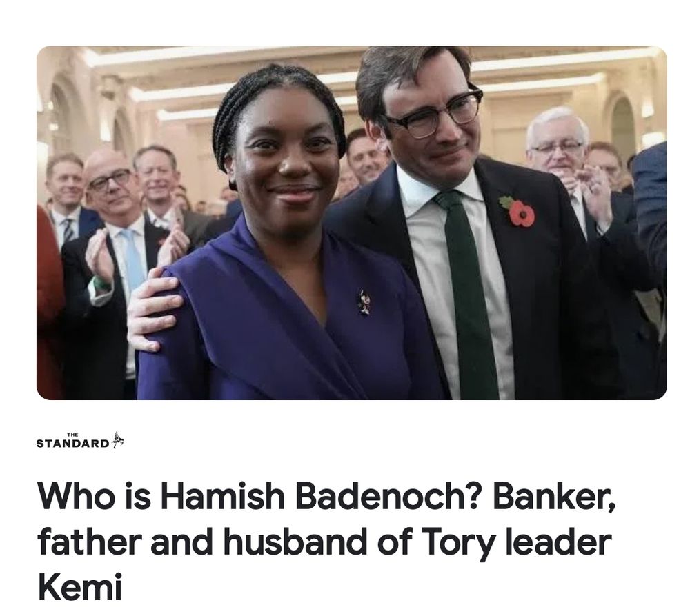 A news headline from The Standard that reads "Who is Hamish Badenoch? Banker, father and husband of Kemi"