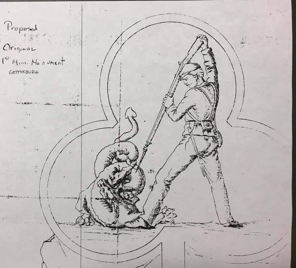 A US soldier stabbing down with his bayonet at a writhing dragon representing disunion and the southern so called Confederacy