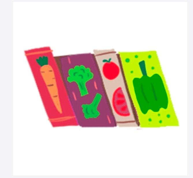 Hidden Books Game clue, a picture of four books, with vegetables on the spine. 