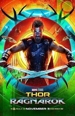 Poster of Marvel Studios' Thor: Ragnarok featuring Thor (Chris Hemsworth) in the center holding two swords crossed in front of him. The background is colorful with circular patterns, spaceships, and green horns suggesting the character Hela. The title "Thor: Ragnarok" is at the bottom with the release date.