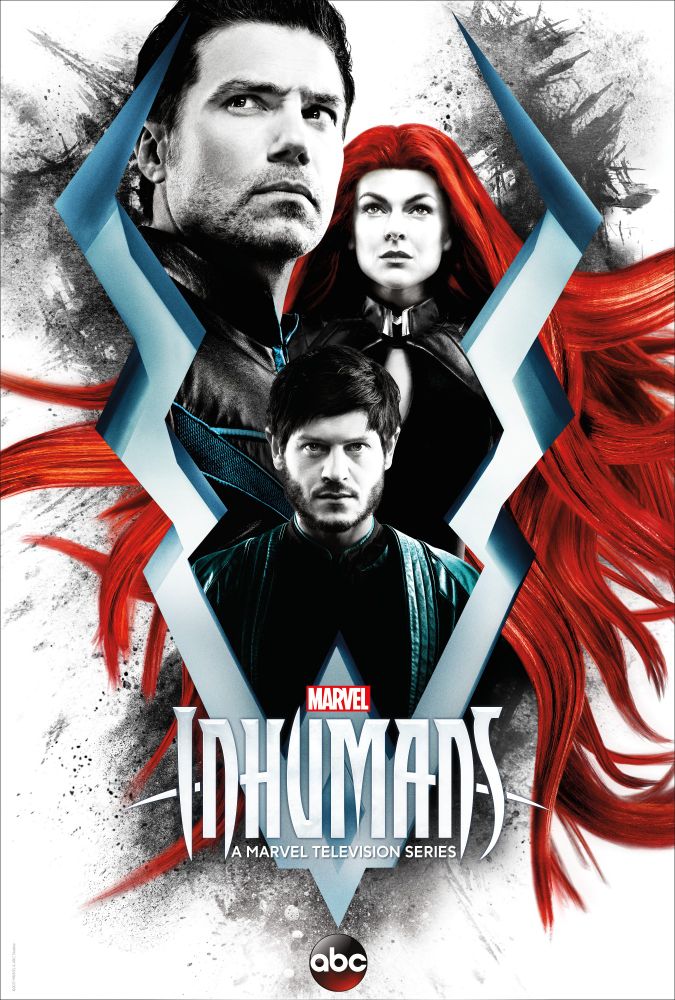 Poster for "Marvel's Inhumans" television series. It features three central characters: a man with dark hair and a serious expression at the top left, a woman with long red hair and a black outfit in the top right, and another man with a beard and dark clothing in the center. A stylized blue lightning bolt frames the characters. The title "Marvel Inhumans" and "A Marvel Television Series" appear at the bottom, along with the ABC logo. The background has a black-and-white abstract design with red hair strands extending across the image.