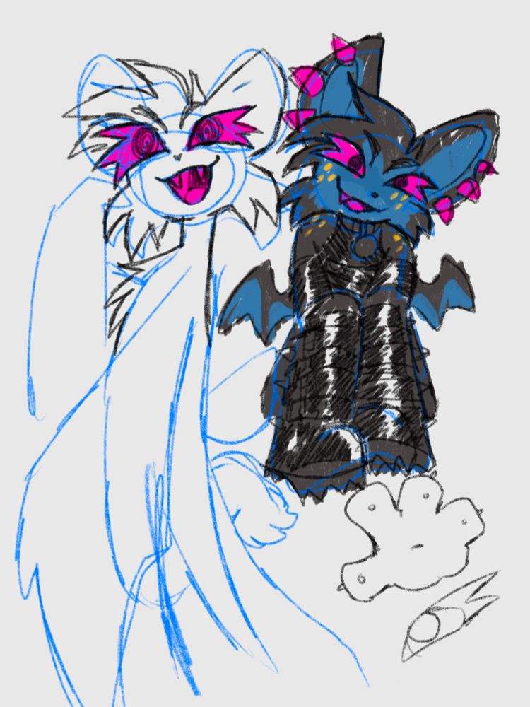 a collage of sketches of a black & blue bat furry character. They have bright pink eyes and ear piercings 