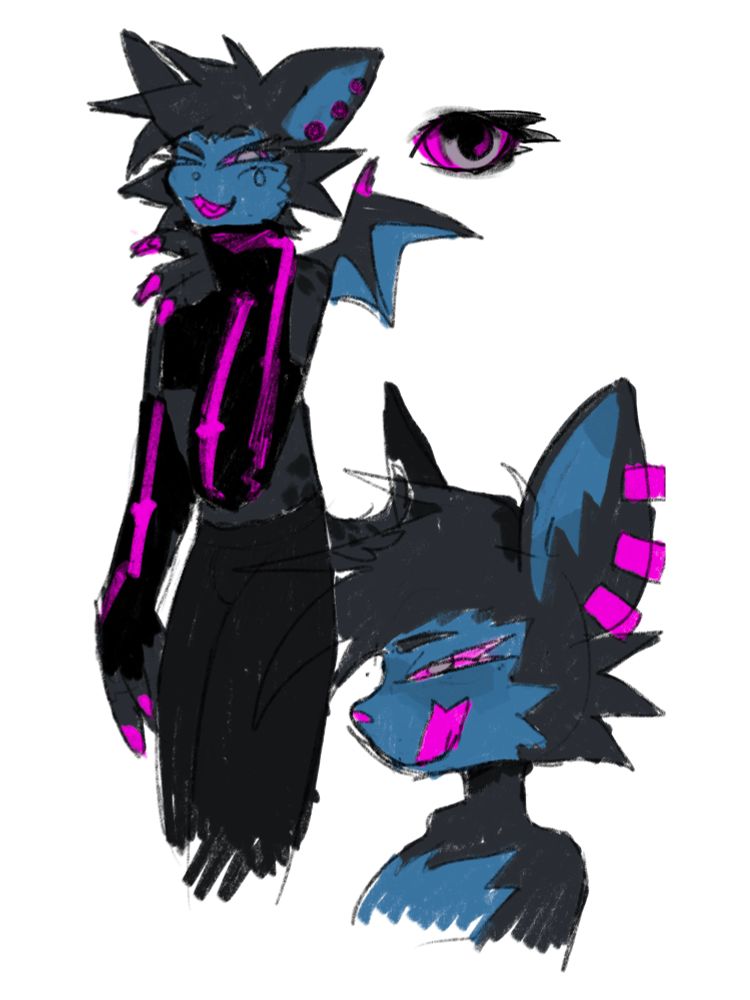 Digital sketches of a black and blue bat character with bright pink accents and piercings 