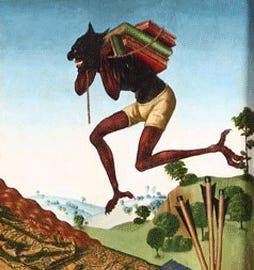 A laughing, black-skinned, claw-footed  demon, wearing fawn shorts, leaping a valley and on his back carrying a pile of books roped together and, given his job as demon of typos, presumably badly printed. There are the shafts/feathers three arrows in the right foreground