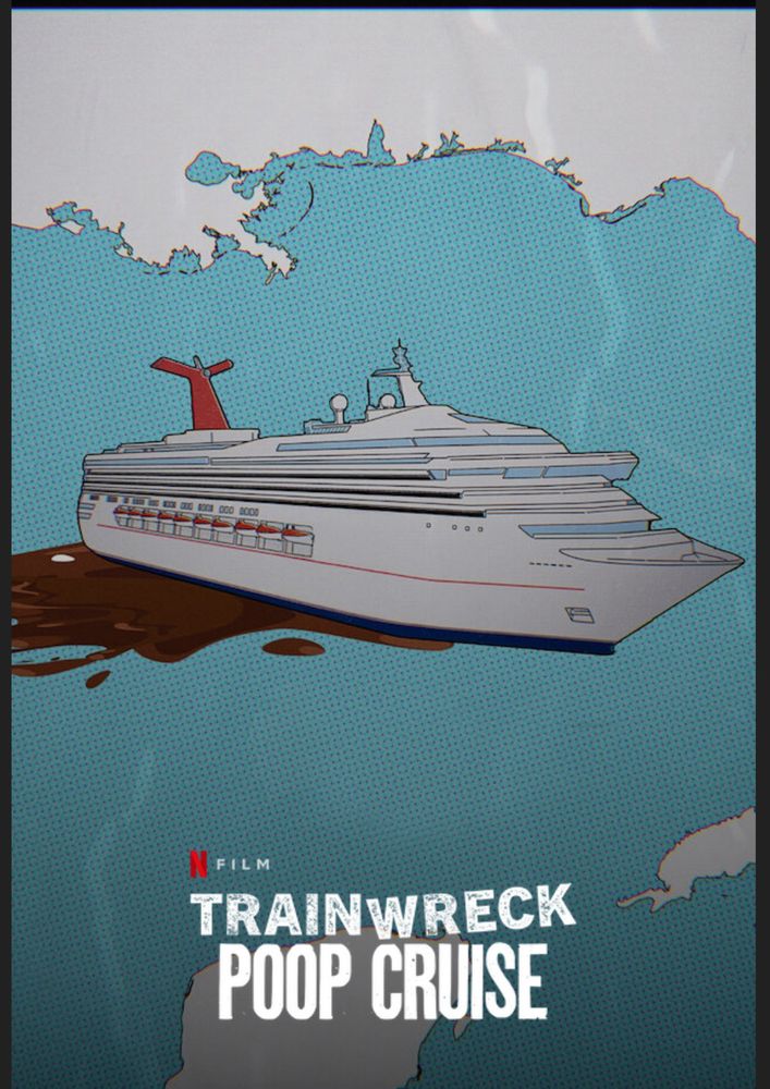 A large cruise ship is depicted against a stylized background with the title "Trainwreck: Poop Cruise" below.
