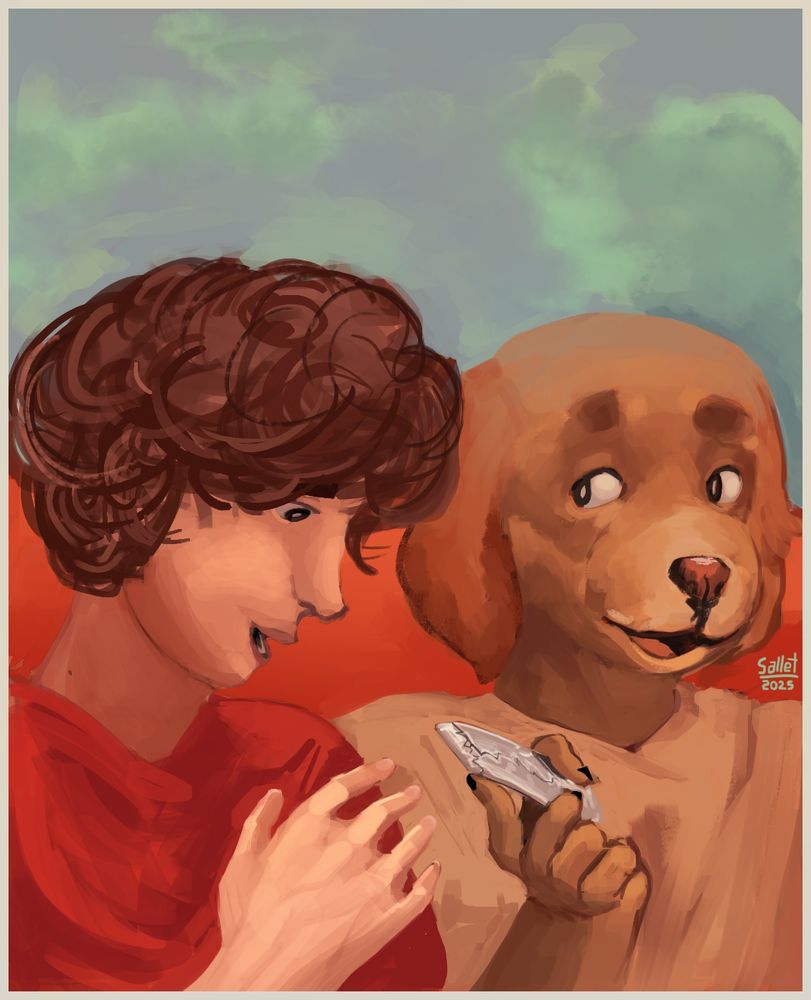 An anthropomorphic dog handing a human a stick of chewing gum.