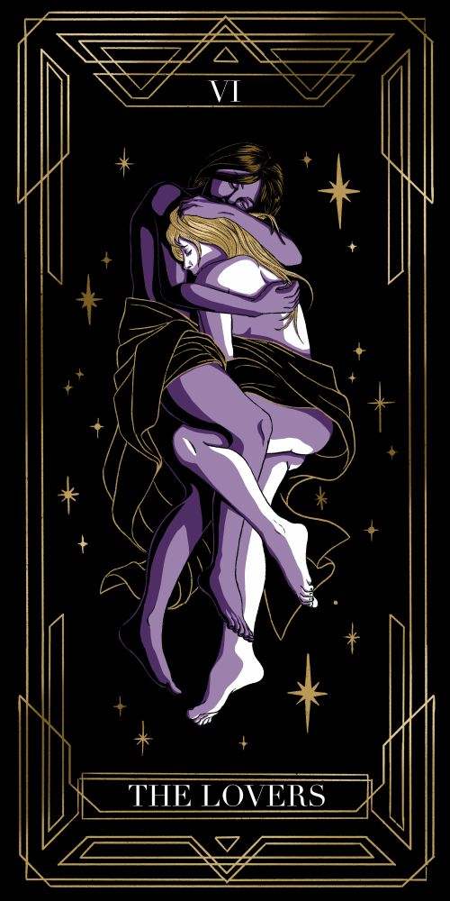 Lovers tarot card. A couple embracing naked under a cloth.