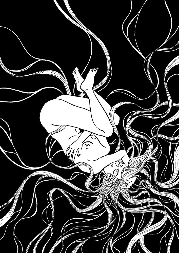 Black-and-white illustration of a nude, curled-up woman holding her head and bust as a cuddle to herself. Her endless hair stretches in all directions.