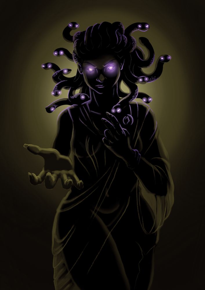 Illustration of Medusa, in reverse, her hand stretched out towards the viewer in a sign of invitation. 