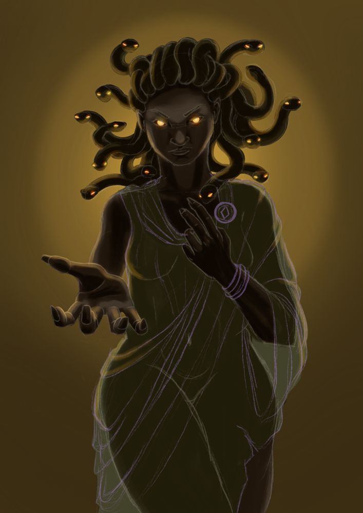 Illustration of Medusa, in reverse, her hand stretched out towards the viewer in a sign of invitation. 