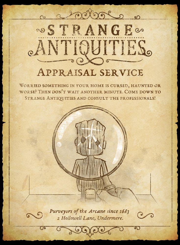 A vintage advert for Strange Antiquities' cursed objects appraisal service.
