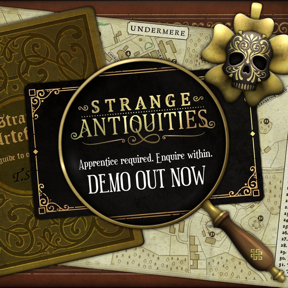 A magnifying glass inspecting some items on a desk with an invitation to play the demo for Strange Antiquities.