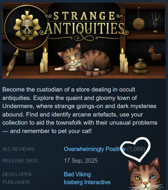 An image showing the latest number of steam reviews for Strange Antiquities (1069 Overwhelmingly Positive)