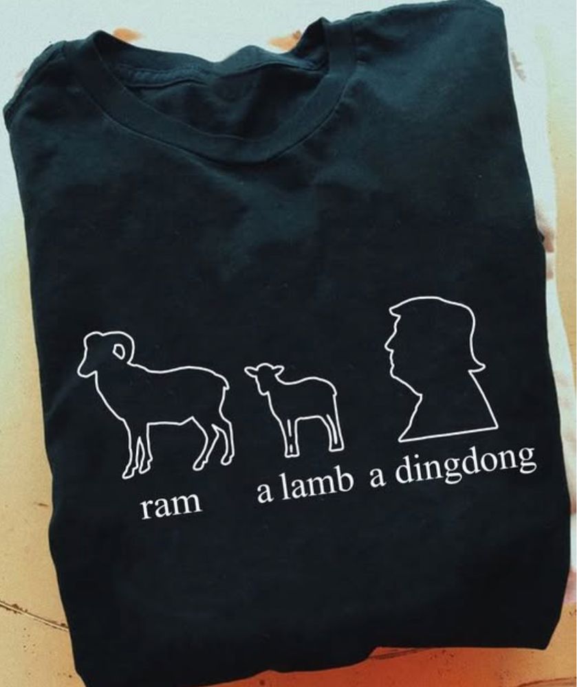 a dark t-shirt with a silhouette of a ram, a lamb, and Donald Trump. Under each is a description: ram, a lamb, and a dingdong.