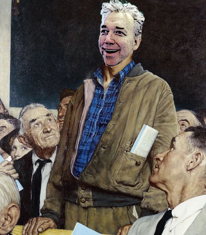 that norman rockwell guy standing up to exercise his right to free speech, only i've really ineptly put my goony face on top of his handsome one