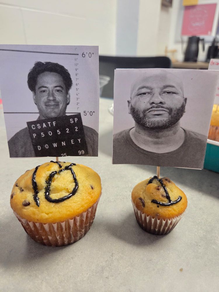Full size muffin and mini muffin to depict disparate sentences for Robert Downey Jr. & Joseph Chair. 