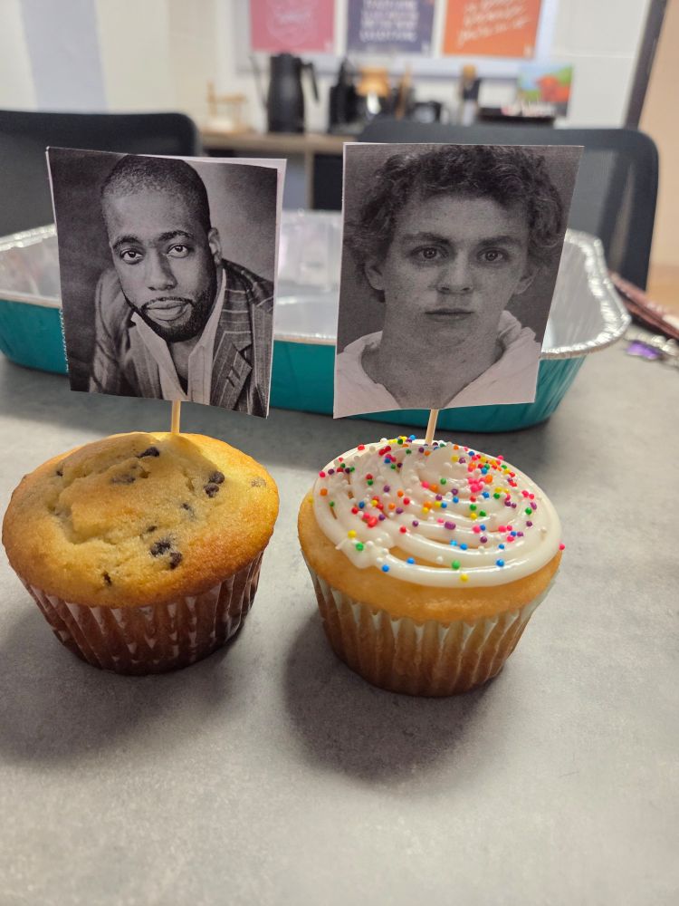 A chocolate chip muffin depicting a Black man convicted of rape and a vanilla cupcake with frosting and sprinkles depicting a white man convicted of rape.