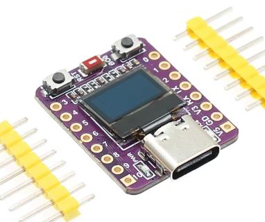 Photo of a small devboard with a USB-C connector, a 0.42" OLED display, two rows of 8 pins and a couple of buttons.  The whole board is less than 30mm square.