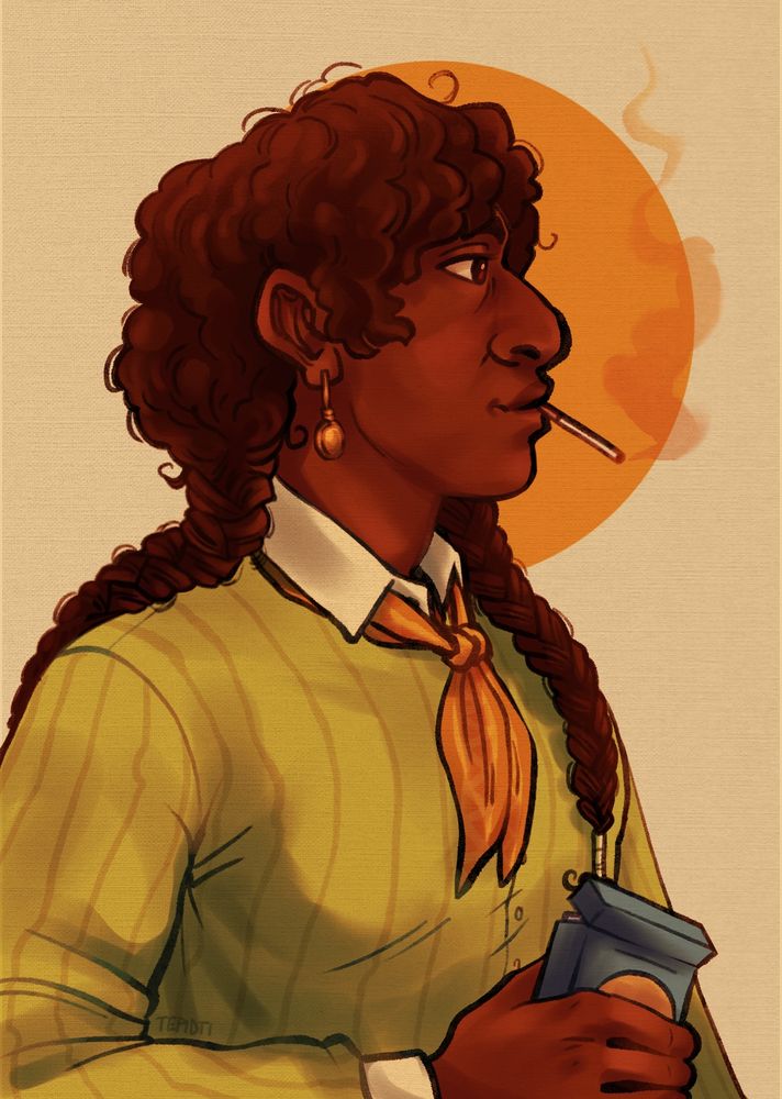 A digital drawing showing a black man with curly hair draw into two braids. One goes over his should and the other goes slightly onto his shoulder and onto his back. He is facing the viewers right, showing his side profile. He has a slight smile on his face and a cigarette in his mouth, smoke coming from the cigarette. He has a golden earring hanging from his ear with what looks like a coin at the end of it. He wears a green striped shirt with a white color and cuffs. He has a yellow bandana around his neck/in his shirt collar. In his only visible hand - the right one - is a pack of cigarettes. The background is an off white with a yellow orange circle, almost like a halo, behind his head. There is a warm hue and a paper texture overtop the image.