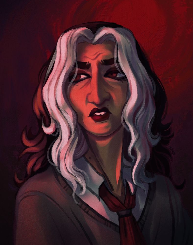 A digital painting showing a man facing the viewer with white money piece middle part bangs and dark brown hair cascading over his shoulders. He has a mole under his right eye and two above the left side of his lip. Other moles litter his neck. There are green and purple tinted shadows across him and red light lighting up part of his face and the right side of his body. He wears a grey sweater, white button down, and a red scarf with a scarf clip. He has deep red lipstick, his upper lip tinted darker, almost black, and some dark red eyeshadow. Behind him are painterly splashes of dark purples and reds, with the lightest colors circling the left side of his head. He is looking off to his right side with his eyes and his body is facing his left.